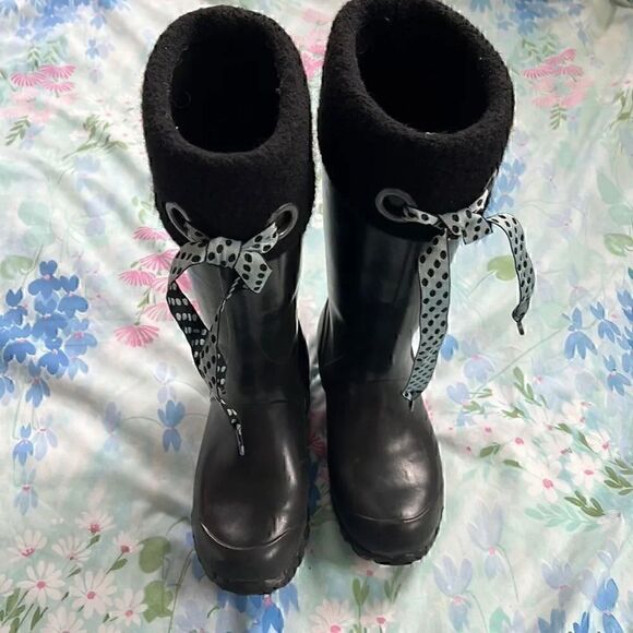 Bogs Alex Solid Black Boots Fleece Lined Ribbon Accent - Picture 1 of 14